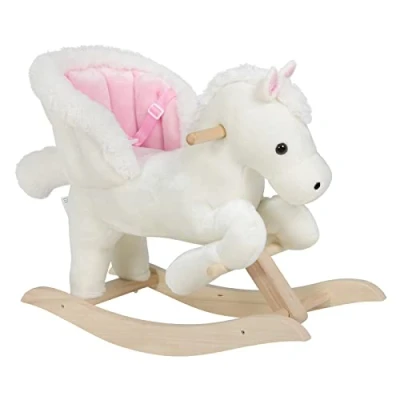 Image of WOLTU Baby Rocking Horse Wooden Toddler Toy with Sound and Seat Safety Belt Plush Ride on Kid Rocker Child Animal Gift for 1 3 Years Old, White Pink, KSF001