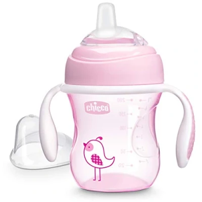 Image of Chicco 7oz. Transition Sippy Cup with Silicone Spout and Spill Free Lid Calibration Markings Removable Handles Top Rack Dishwasher Safe Easy to Hold Ergonomic Indents Pink 4+ Months