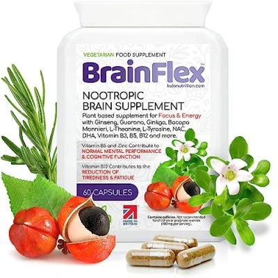 Image of BrainFlex Nootropic Brain Supplement Stack with Ginseng, Ginkgo, Bacopa Monnieri, L Theanine, NAC, DHA Plus Vitamins B3, B5, B12 and Zinc for Mental Performance Cognitive Function 60 Capsules