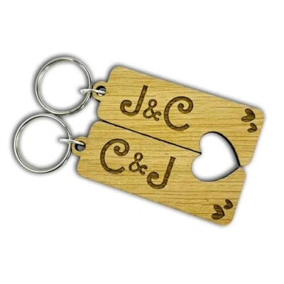 Image of Fuzzy Cactus Personalised Wooden Valentines Initials Keyring Heart Cut Out Two Love Boyfriend Girlfriend Wife Husband Fiancé Anniversary Best Friend