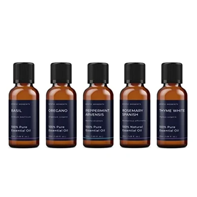 Image of Mystic Moments Herb Essential Oil Gift Starter Pack 5x50ml Basil, Oregano, Peppermint Arvensis, Rosemary Spanish, Thyme White Perfect as a