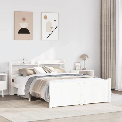 Image of vidaXL Bed Frame with Headboard Double Pine Wood 135x190 cm Storage Shelves White