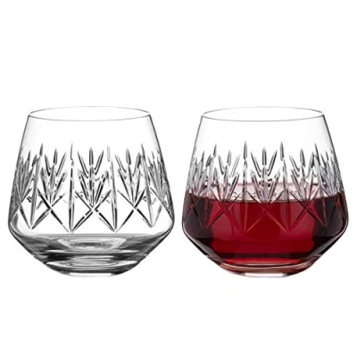 Image of DIAMANTE stemless Red Wine Glasses Pair ‘Windsor’ Crystal with No Stem All Purpose Glass Box of 2 (5419.832)