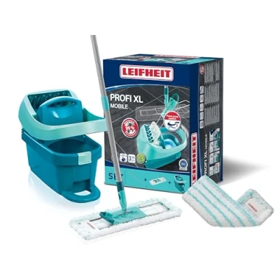 Image of Leifheit Profi XL Mop and Bucket Set Spare Head, Deluxe 42 cm Large Floor Mop, Easy Steer Micro Fibre Head Wringer with Rollers