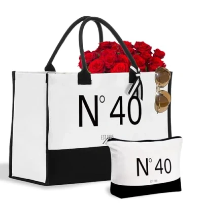 Image of CoCoCherry 40th Birthday Gifts For Women Funny Canvas Tote Bag with Makeup Bag, Ideas Combination Elegant 40 EST.1985