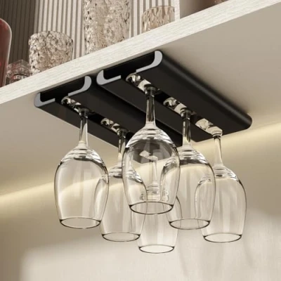 Image of Vaisoeny Wine Glass Holder, 2Pack Holder Under Cabinet, No Drilling Installation Rack, Stemware Hanging Rack for Kitchen and Bar (Black)