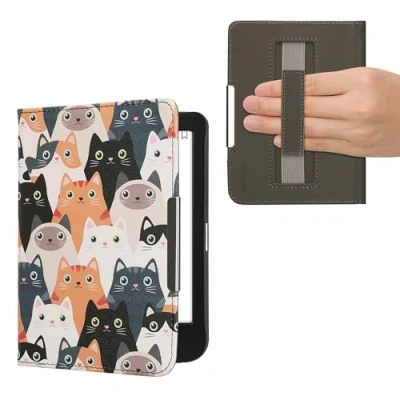 Image of kwmobile Case Compatible with Kobo Clara BW/Colour PU Cover w/Strap Cats Orange/Black/White