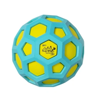 Image of Wham O Pets SuperBall Geo Squeak l 4 Inch Soccer Shaped Dog Ball with Special Squeaker, Easy Grip Grooves, and Durable BPA Free Rubber