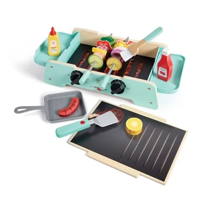 Image of Hape Sizzling Griddle &amp; Grill BBQ, Realistic Sounds, Light Up Coals, 2 in 1 Playset, Ages 24M+, Blue and Pink