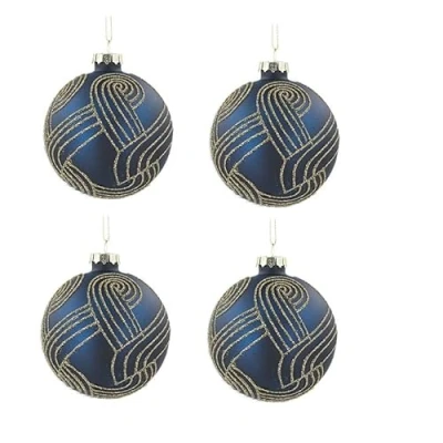 Image of Gisela Graham Matt Blue &amp; Gold Deco Design Baubles set of four