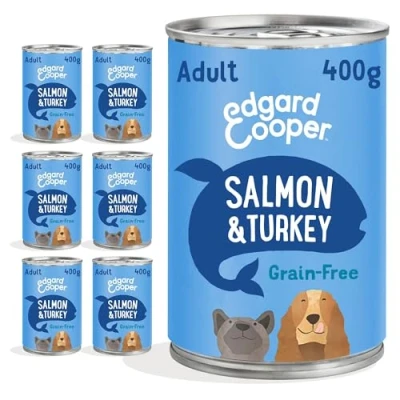 Image of Edgard Cooper Adult Wet Dog Food Tins Salmon and Turkey (6 x 400g tin), Grain &amp; Gluten Free, Natural ingedients fresh meat, full of essential amino acids for healthy insides