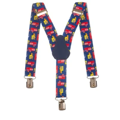 Image of Childrens 1 5 Years Elasticated Clip on Braces/Suspenders with Fire Engine Design Dark Blue