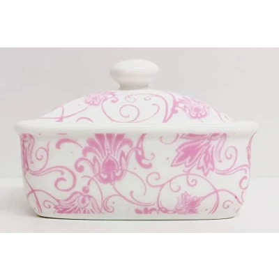 Image of Parisian Pink Butter Dish Bone China Floral Scroll Lidded Container Hand Decorated in UK