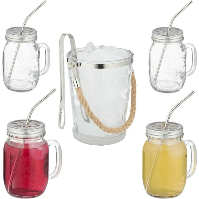 Image of Relaxdays Set of 4 Drinking Glasses, Lids and Straws, Cocktail, 500 ml, Summer, Lemonade Jars with Handle, Transparent, 16 x 16.5 12 cm