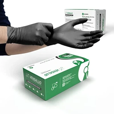 Image of VENSALUD Disposable NITRILE Gloves Powder Free Resistant For Laboratories, Sanitary, Kitchen, Tattoo Studios, Veterinary, Cleaning, Examination Latex 100 pcs. Black Size L