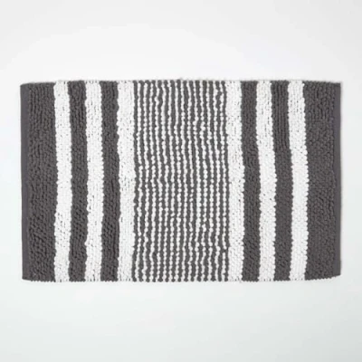 Image of HOMESCAPES Striped 100% Cotton Bath Mat White and Charcoal Grey Super Absorbent Soft Non Slip 50 x 80 cm Large Thick Bathmat