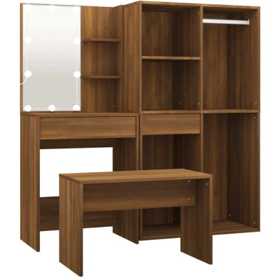 Image of vidaXL Dressing Table Set with LED Brown Oak Engineered Wood