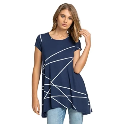 Image of Roman Originals Textured Fan Print Stretch Hanky Hem Top for Women UK Ladies Everyday Holiday Spring Summer Round Neckline Comfy Soft Evening Vacation Work Party Navy Ivory Size 10