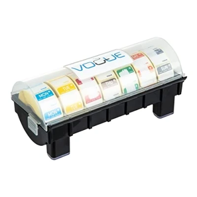 Image of Hygiplas Removable Colour Coded Day of the Week Food Labels with 1 inch Dispenser, Black Dispenser &amp; Multi Coloured Labels, Includes 7 Packs 1000 GH473