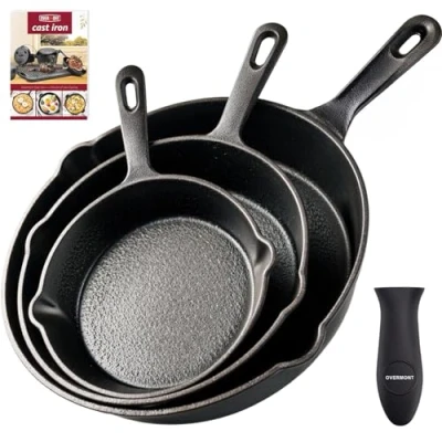 Image of OVERMONT Pre Seasoned Cast Iron Skillet Set(9.6Inch 24.5cm) (7.7Inch 19.5cm) (6Inch 15.24cm) Frying Pans Oven Pot Safe Cookware for Indoor, Barbecue, Campfire Cooking Outdoor Use