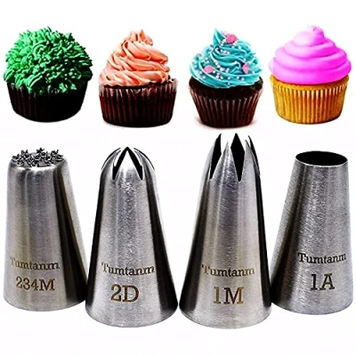 Image of Tumtanm 1A 2D 1M 234M# Large Piping Nozzles, 4 pcs Stainless Steel Seamless Icing Tips Set for Cupcakes and Baking