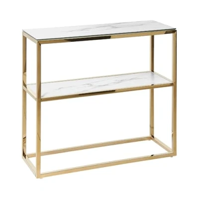 Image of Beliani Glam Console Table Glass Steel Shelf Marble Effect White with Gold 80 x 30 cm Azusa