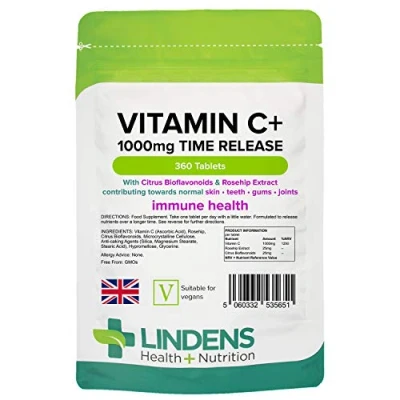 Image of Lindens Vitamin C+ 1000mg Time Release, 360 Tablets 1 a Day, UK Made Skin, Teeth, Joints and Immune Health, Combats Tiredness Fatigue Vegan