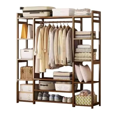 Image of angroups Natural Bamboo Garment Clothes Rack Storage Shelf Hanging Rail Side Hooks for Entryway Bedroom Bathroom and Office,Open Wardrobe Closet, Clothing Standing 170x30x150cm