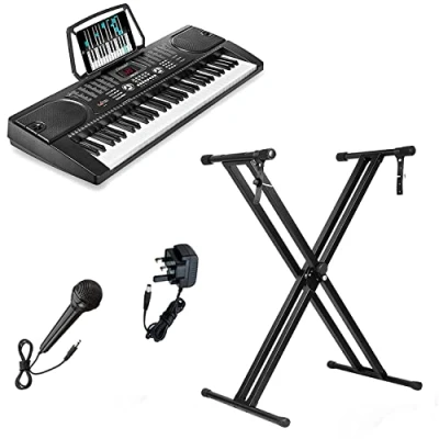 Image of Crystals® 61 Keys Electronic Teaching Keyboard Digital Music Piano Instrument &amp; Microphone with Stand Black (With Double Braced Stand)