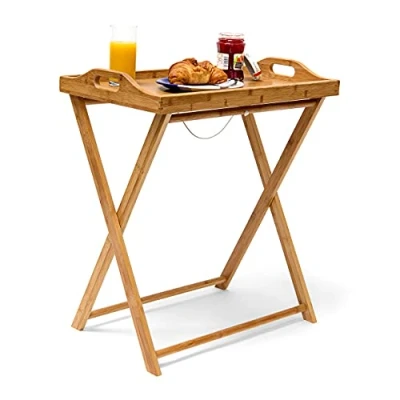 Image of Relaxdays Bamboo Tray Table 63.5 x 55 35 cm, Side with Breakfast, Etc. Tray, Folding Serving Tablet, Wooden Table, Natural