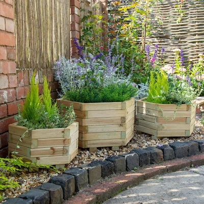 Image of Forest York Hexagonal Wooden Garden Planter 3&#039;x1&#039;8 (0.9x0.5m) Set of 3