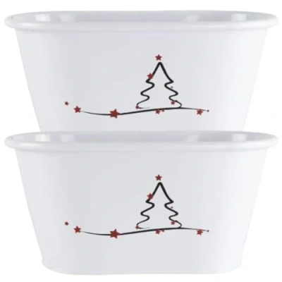 Image of Fyne Finds Set of 2 White Tin Pail Trough Planter Pot Modern Christmas Tree Star 26cm, 10inch Xmas Decor Gift