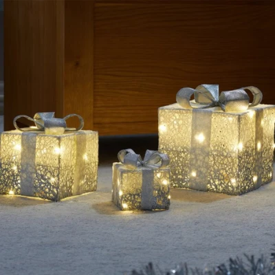 Image of Set of 3 Battery Operated Silver Sparkly Christmas Gift Boxes with LEDs