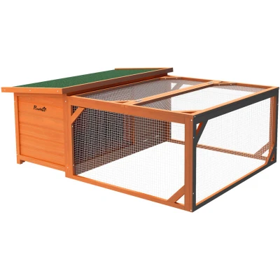 Image of PawHut Rabbit Hutch Outdoor Guinea Pig with Run Small Animal Off ground Duck House Hideaway Backyard Openable Roof 125.5 x 100 49cm Orange
