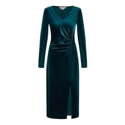 Image of Yumi Green Velvet V Neck Fitted Ruched Midi Dress 10