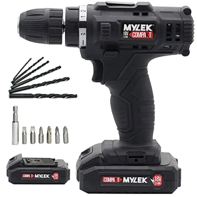 Image of MYLEK 18V Cordless Drill with Two Batteries Lithium Ion, UK Charger, 18 Volts Combi Driver Electric Screwdriver, DIY Accessory Kit, (Black Batteries)