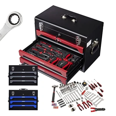 Image of Arebos Tool Box Including 172 Piece Set Chrome Vanadium Socket Spanner Hand Tools for Home, Garage &amp; Workshop Equipped with 3 Drawers Lockable Red/Black