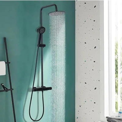 Image of Thermostatic Shower Set,Adjustable Height Mixer Set for Bathroom with Square Rainfall and Multi Function Handheld (Black Round)