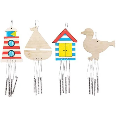 Image of Baker Ross AT868 Seaside Wooden Wind Chimes Pack of 4, Perfect for Children to Design and Decorate, Ideal School, Home Craft Group Activities