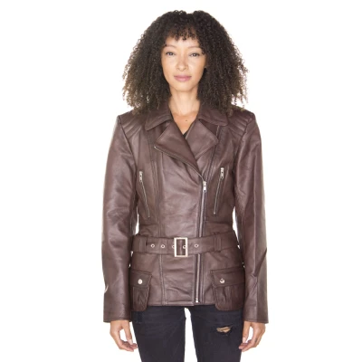 Image of Ladies Conker Brown Long Feminine Leather Biker Jacket 22