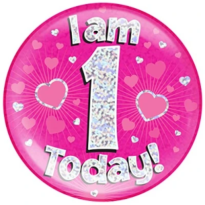 Image of OAKTREE UK 633025 6&quot; Jumbo Badge I am 1 Today Pink Holographic Dot