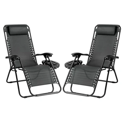 Image of SG Traders Zero Gravity Chair Reclining Outdoor Sun Lounger, Relaxer for Patio Decking Gardens Camping, Folding with Cup Holder and Adjustable Headrest Sunlounger (Pack 2 Black)