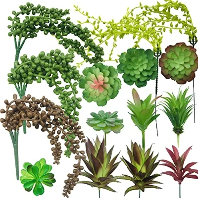 Image of NA Woohome Fake Artificial Succulent Plants, 15 PCS Assorted Realistic Succulents Pick Bouquet String of Faux Floral Arrangement