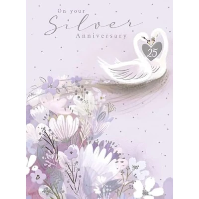 Image of Silver Anniversary Card 25th 25 Years Special Finishes Romantic Floral Swan Lake Design Made in the UK Eco Friendly