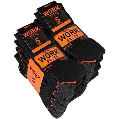 Image of BRUBAKER 10 Pairs of Men&#039;s WORK Socks for Optimum Grip at the Workplace Robust Functional Made Cotton Reinforced Heel and Toe Area Black Orange US Size 6.5 8