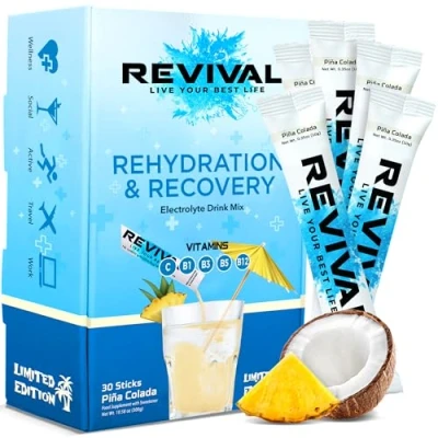 Image of Revival Rapid Rehydration, Electrolytes Powder High Strength Vitamin C, B1, B3, B5, B12 Supplement Sachet Drink, Effervescent Electrolyte Hydration Tablets 30 Pack Pina Colada
