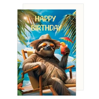 Image of Edition Seidel Premium Birthday Card with Envelope. Greeting Happy for him or her Friend Girl Boy Kids Sloth Beach Drink Holiday Sun funny (G3560 SW024)