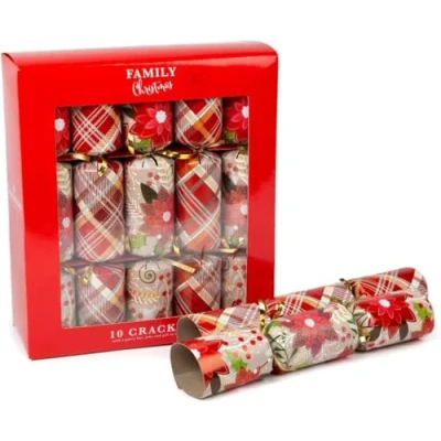 Image of shopior Family Christmas Party Crackers for Loved Ones with Novelty Gifts Pack of 10 Luxury Festive Xmas Gift (Family Cracker Tartan &amp; Poinsettia)