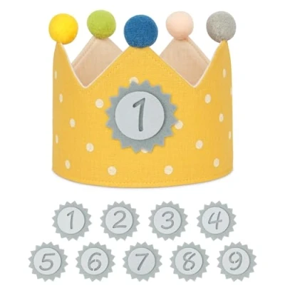 Image of URAQT Birthday Crown for Kids, Reusable Dot Party Hat with Interchangeable Number from 0 to 9, Baby Photo Props, Tiara Headbands Gifts Boys Girls, Yellow
