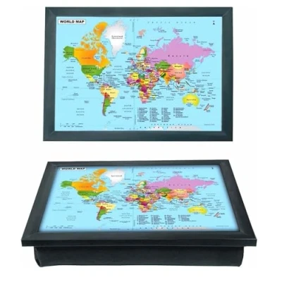 Image of World Map Theme Large Wooden Lap Tray With Cushioned Bean Bag Brakfast, Dinner Laptop, TV, Food, Serving (GREY)